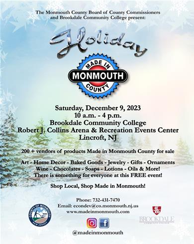 Made in Monmouth Holiday Flyer showing info incl. date of December 9 at Brookdale Community College from 10am-4pm