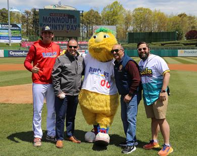 Monmouth County Commissioner Director Thomas A. Arnone and Commissioner Deputy Director Dominick "Nick" DiRocco threw out the first pitch at Monmouth County Day at Jersey Shore BlueC
